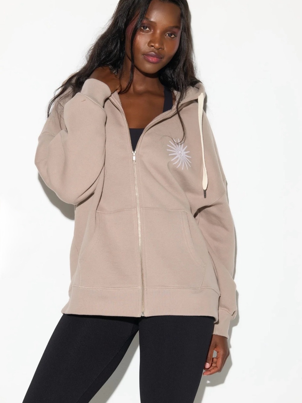 Women’s Emit Peace Boyfriend Full Zip Hoodie, Tan, Size Medium